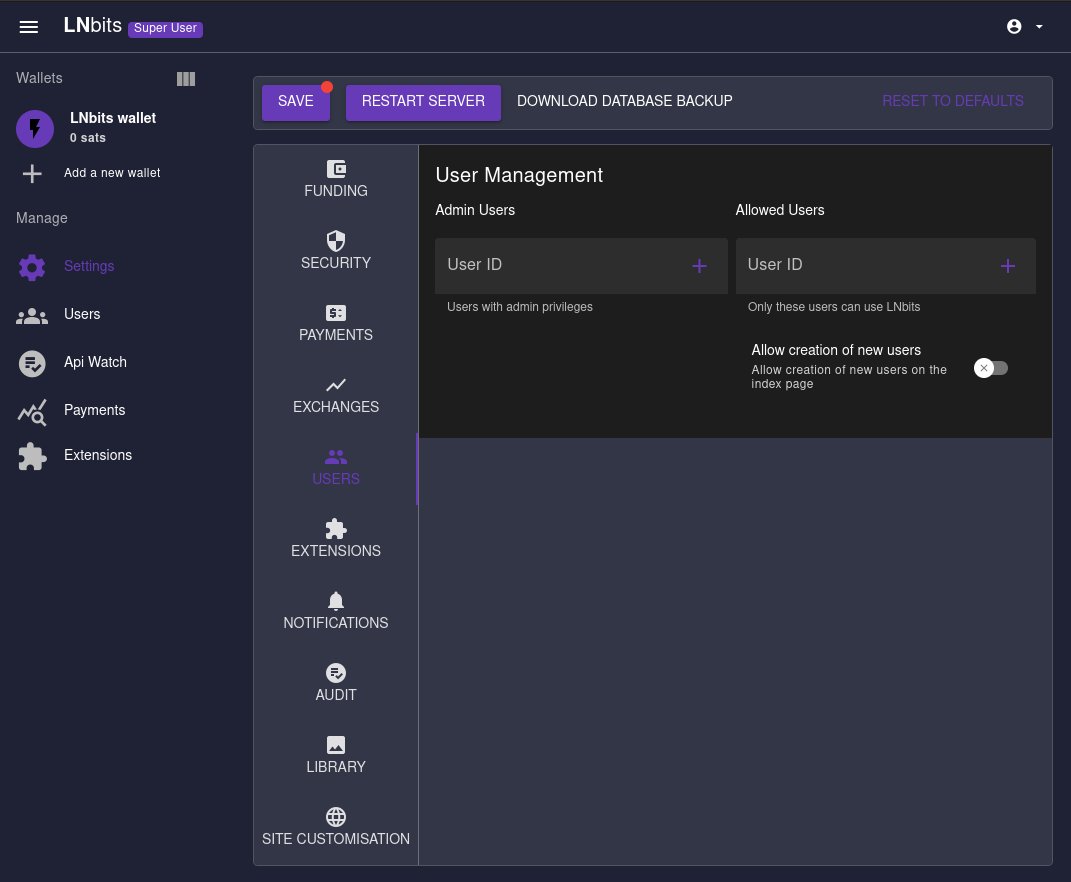 lnbits: user management